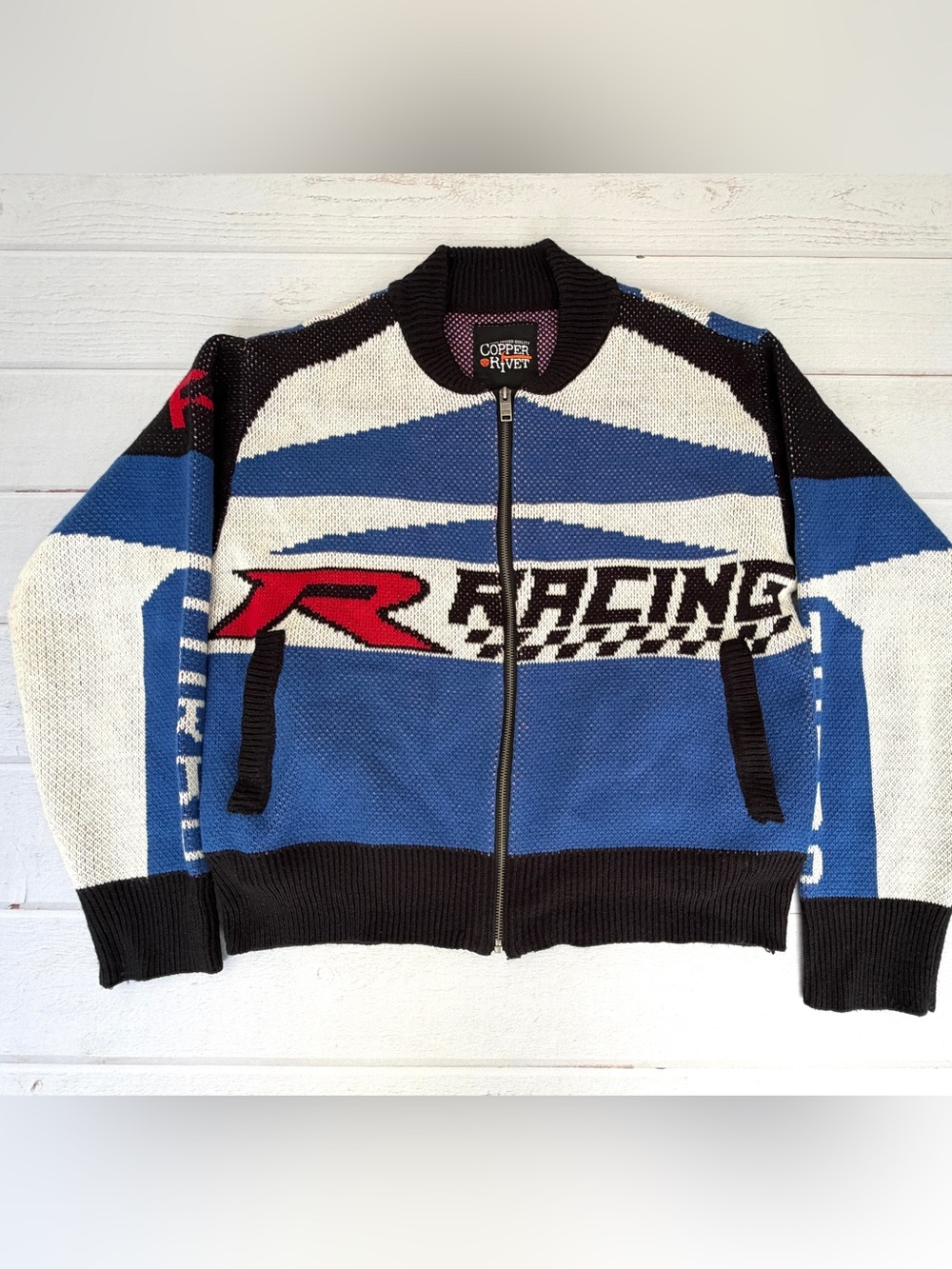 Copper Rivet Racing Moto Full Zip Knit Sweater Jacket Small Y2K
